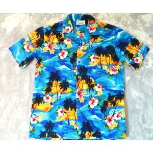 Pacific Legends Hawiian Aloha Tropical Shirt Men's Medium Palm Trees Hibiscus